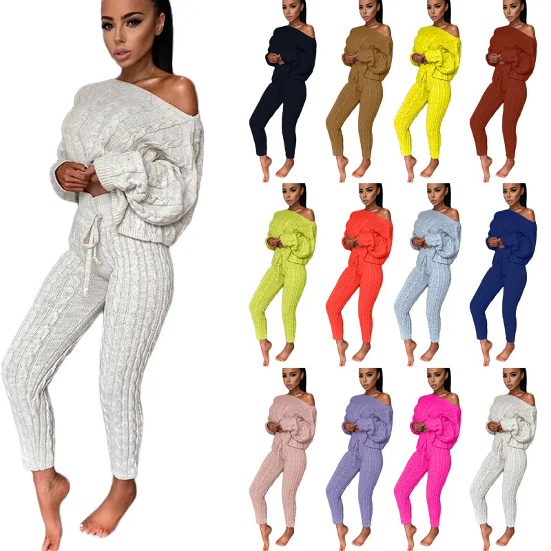

Ladies Knitted Sweaters 2 Pieces Sets Women Fashion Solid Outfits Autumn Winter Sets O Neck Suits Streetwear Joggers Tracksuit
