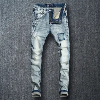 

Italian Style Fashion Men Jeans High Quality Retro Light Blue Ripped Jeans Men Slim Fit Vintage Designer Jeans Hip Hop Pants