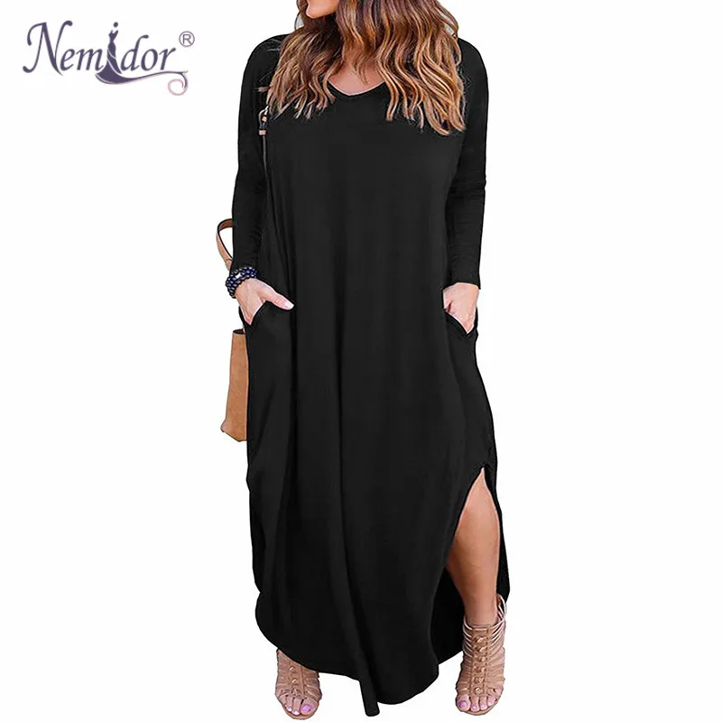 black long Nemidor женское свободное Повседневное платье с коротким рукавом, v-образным вырезом и передним карманом размера плюс 8XL 9XL вечерние длинные платья макси с разрезом - Цвет: black long