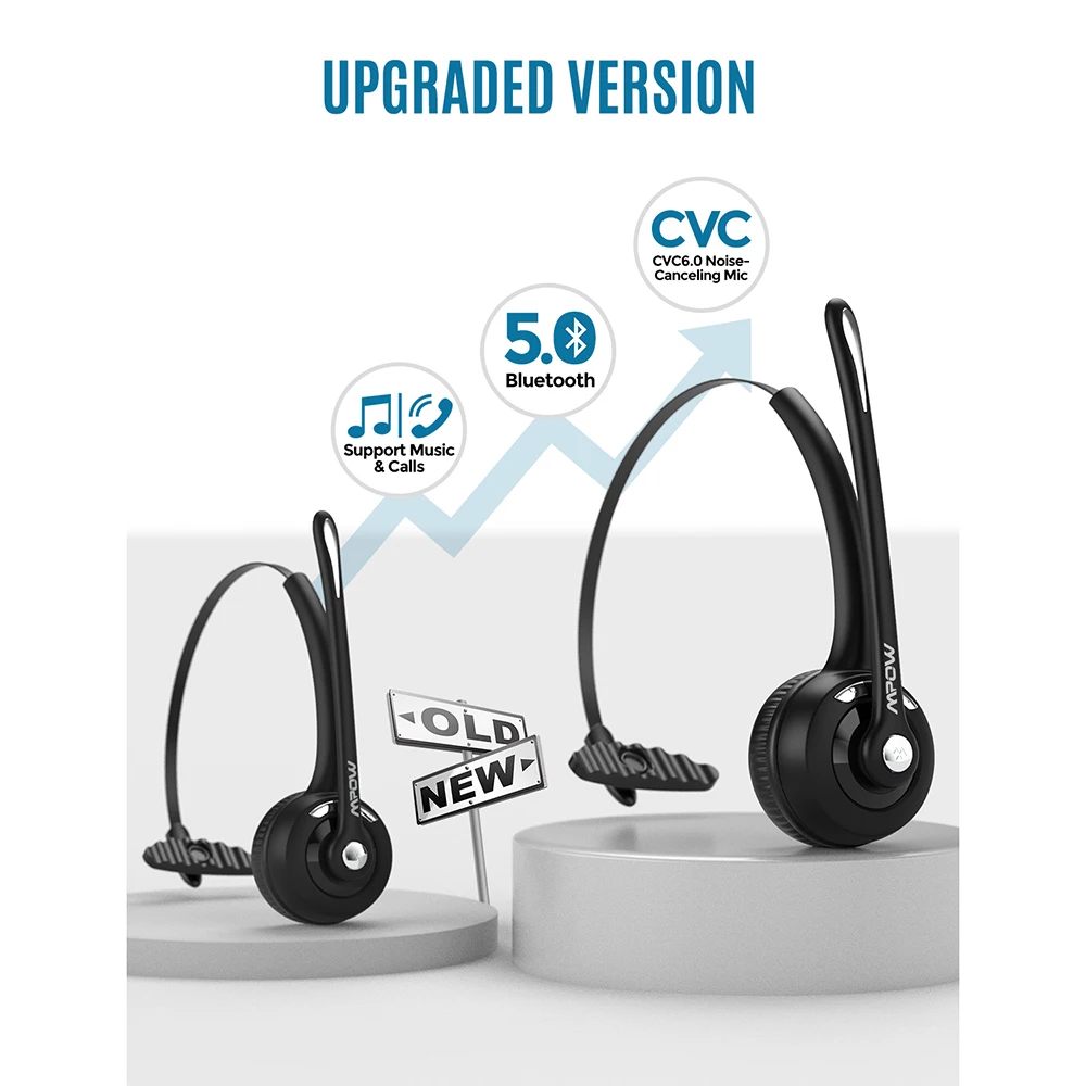Trucker Bluetooth Headset V5.0, Wireless Headphone with Noise Can 並行輸入品 Mpow Pro Wireless Headphone V5.0 Updated MBH15 Bluetooth Headset