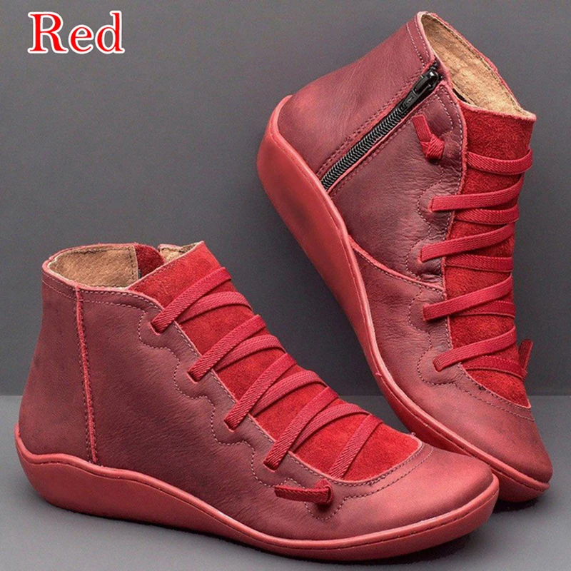Oeak женская обувь; зимние ботинки; ботильоны из натуральной кожи; весенняя обувь; женские короткие коричневые ботинки; коллекция года; женские ботинки на шнуровке - Цвет: red