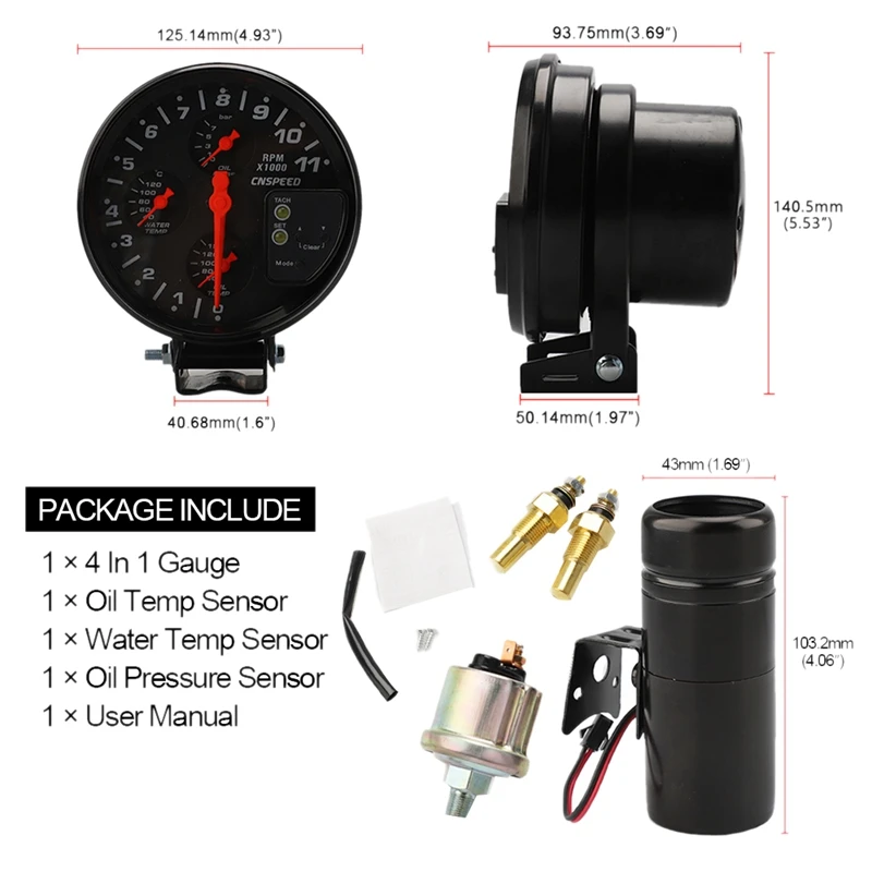 5 дюймов, 4 в 1, 12 В, Тахометр для гоночной машины, измеритель оборотов, измеритель температуры воды, температуры масла, датчик давления масла, датчик, светильник переключения, датчик