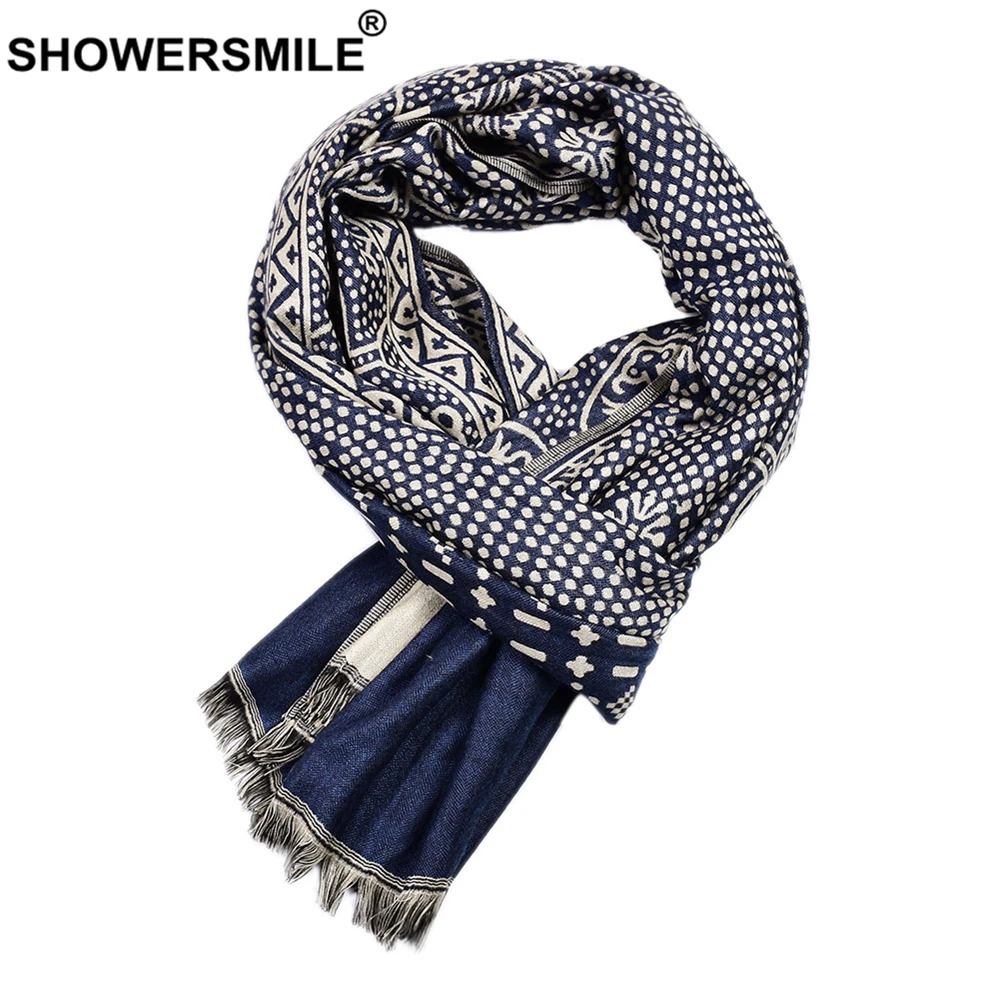 SHOWERSMILE Winter Scarf Men Ethnic Style Male Scarves Navy Cotton Linen Knitted Tassel Men Scarf 195cm*65cm