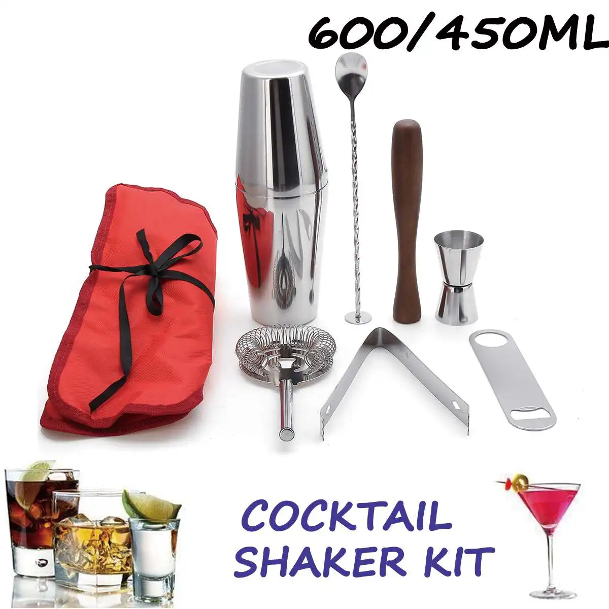 

8Pcs/Set 350ML 600/450ML 550ML 800/600ML 750ML Bartender Kit Cocktail Shaker Mixer Drink Browser Whiskey Martini Mixing Bar Tool