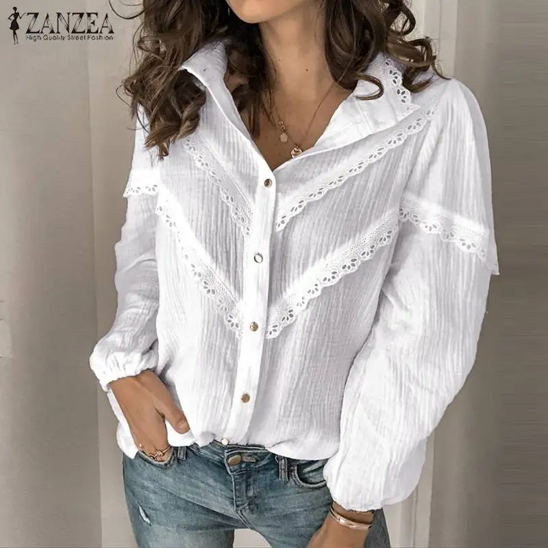 

Plus Size ZANZEA Spring Lace Patchwork Cotton Shirts Solid Elegant Ruffles Blouse Women Long Sleeve Tunic Tops Female Blusas