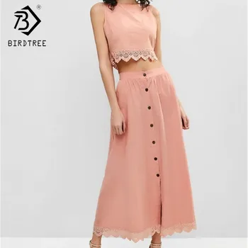

Summer Two-piece Women Sleeveless Short Vest And Half-length Skirt Lace Stitching Buttons Cotton Casual Fashion Women's Suit