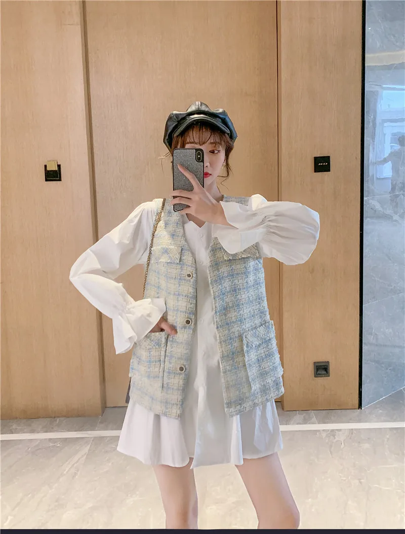 

Photo Shoot Have Elegant Bell Sleeve V-neck Short-height Gentle Fairy Skirt Small Fragrant Color Mixture Tassels Waistcoat Two-P