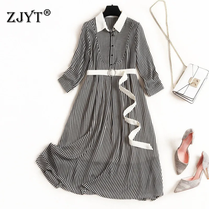 

Top Fashion Designer Women Spring Dress 2020 New Lady Elegant Shirt Collar Casual Print Striped Dress with Belt XXL
