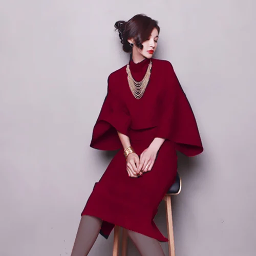 Ensemble de bureau en laine avec collier pour femme, haut à manches chauve-souris et jupe de soirée Slim et élégante, NS10, printemps-automne ► Photo 2/5