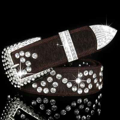 115 см Искусственный мех Дамский бриллиантовый ремень высокого качества кожаный ремень для женщин Модный джинсовый ремень сплав металла с кристаллами женские красные пояса - Цвет: Кофе
