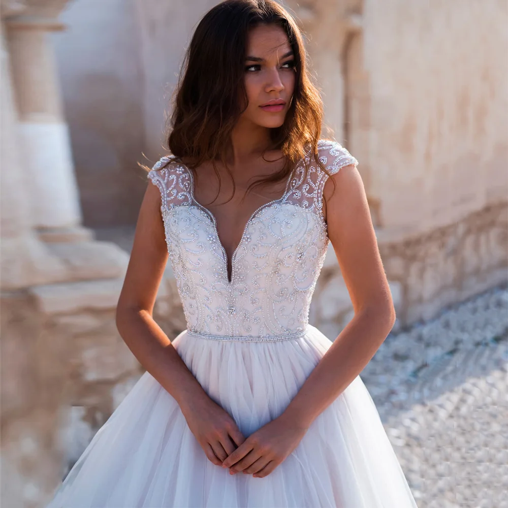 Роскошное бальное платье, свадебное платье, Vestido De Noiva, рукав-крылышко, круглый вырез, бисер, Rhinestiones, свадебные платья из фатина с пуговицами на спине
