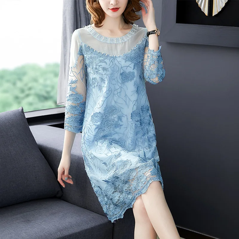 

2019 New Style WOMEN'S Dress Crew Neck Ladies' Embroidered Mesh Dress Elegant Loose-Fit Pullover A- line Skirt-