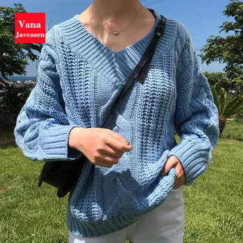 

Casual Loose Autumn Winter Woman Sweater Office Lady Warm V-Neck Long Sleeve Pullover Pink Khaki Knitted Sweaters Streetwear