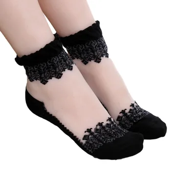 

1Pair Women Lace Ruffle Ankle Sock Soft Comfy Sheer Silk Cotton Elastic Mesh Knit Frill Trim Transparent Women's Socks