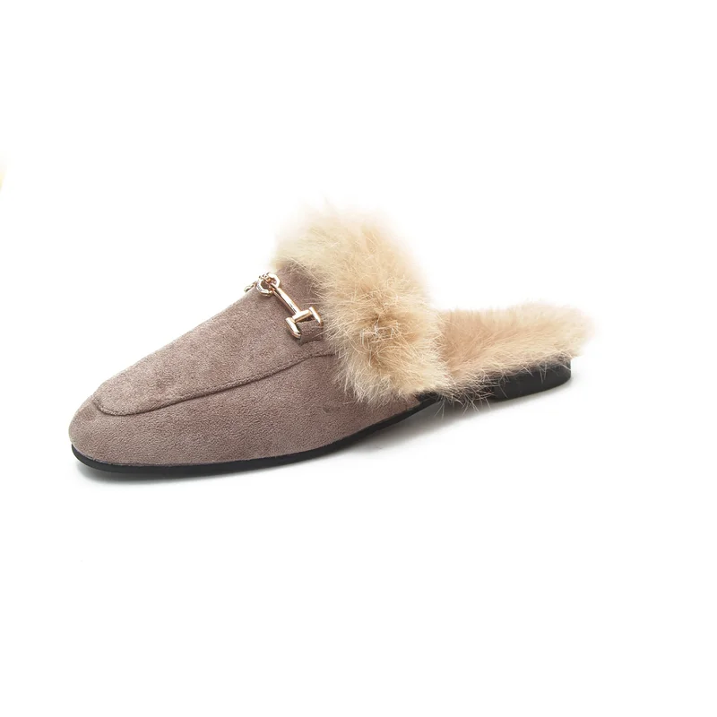 autumn winter new Faux fur mules women lazy shoes loafers comfort pregnant shoes women furry slides fluffy hairy flip flops