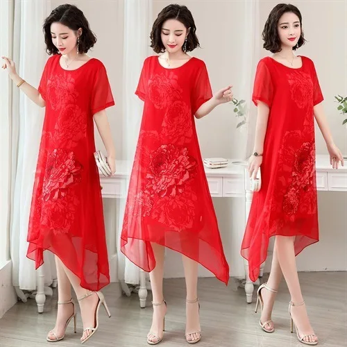 

Imitated Silk Fabric Floral Printed Dress Women's Summer New Style Loose-Fit Slimming Irregular Large Size Immortal of Elegant D