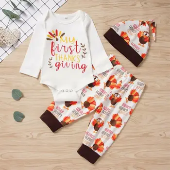 

Newborn Clothes 2019 My First Thanksgiving Day Thanksgiving Baby Girls Clothes Turkey Print Bodysuits Pants Hats Baby Boys Set