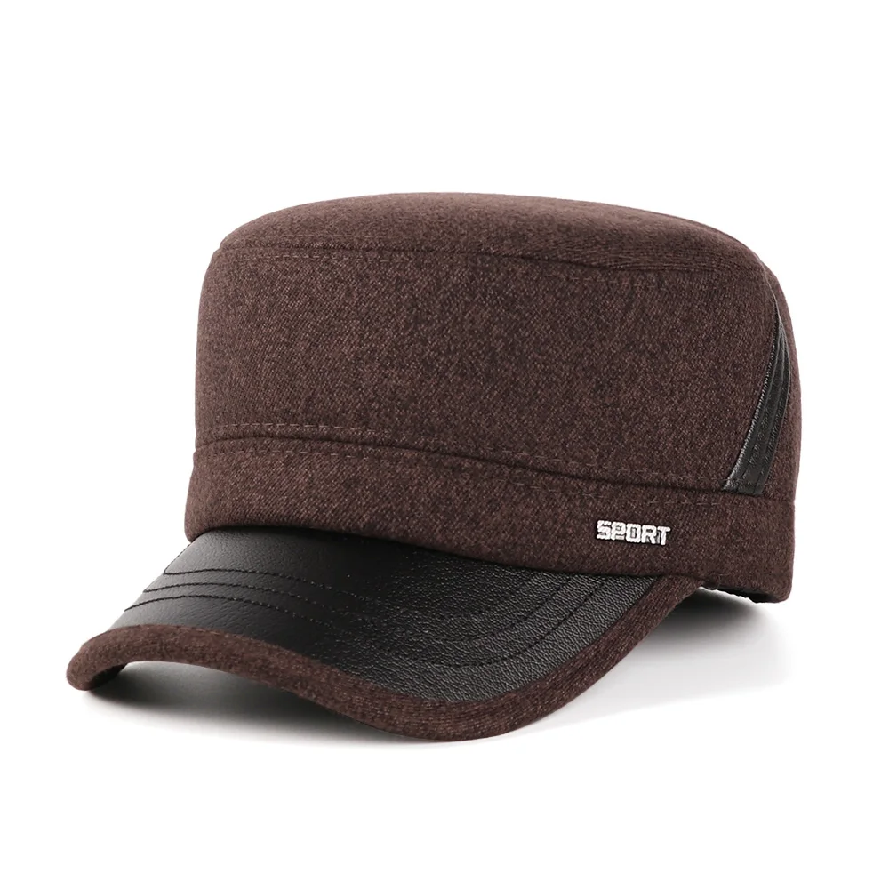 Мужские шерстяные плотные мужские плоские шапки, военная шапка с ушанками, Мужская армейская Кепка, зимняя высококачественная теплая шапка для папы, подарок - Цвет: brown