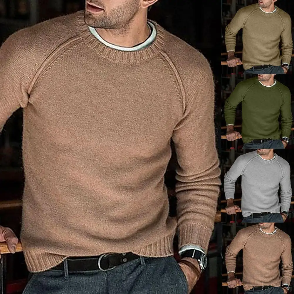 Suéteres de manga larga para hombre, jerseys de punto cálidos de Color sólido con cuello redondo