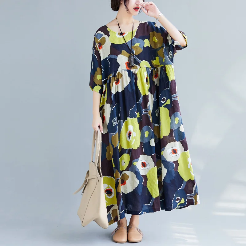 

TVVOVVIN 2019 Autumn New Women Long Dress Pluz Size Cotton Casual Short Sleeve Ladies Dress Fashion Print Women Clothing F181