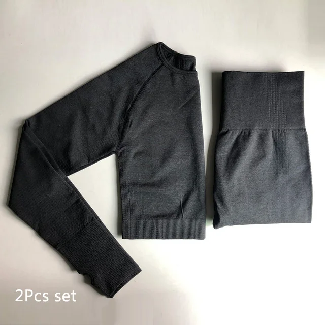 Black 2Pcs Set Женский бесшовный комплект для йоги, колготки, мягкий спортивный бюстгальтер пуш-ап+ укороченный топ с длинными рукавами+ леггинсы для фитнеса с высокой талией, спортивный костюм для фитнеса - Цвет: Black 2Pcs Set