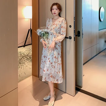 

Women Chiffon Dress Vintage Floral Print Long Sleeve Elegant A-line Dress Elastic Waist Female Boho Vestidos 2020 Spring Summer