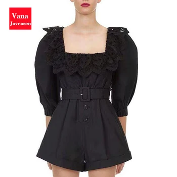 

Women Elegant Playsuit Lace Patchwork Short Sleeve Rompers Office Lady Sexy Backless Street Wear Playsuit Salopette Femme