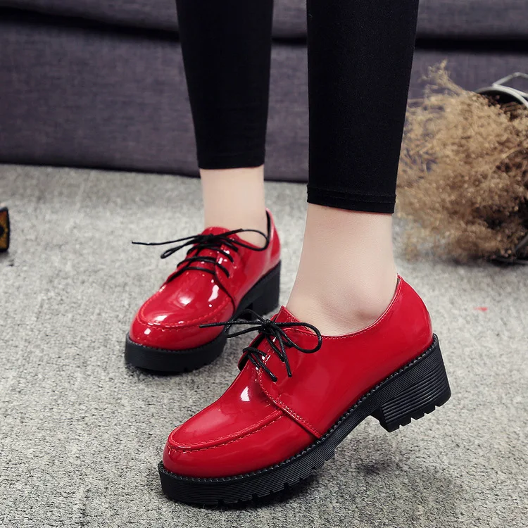

2017 Spring New Style WOMEN'S Shoes Korean-style Patent Leather Lace-up Non-Slip Shoes round Flat Casual bai da xiao Leather Sho