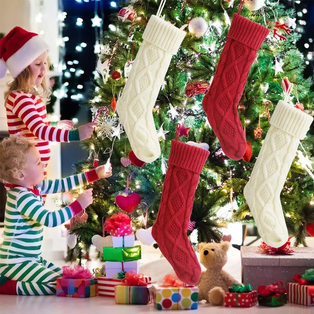 4 Pezzi Calze di Natale Kit di Calze Calze di Natale Sacchetto Regalo Albero di Natale Ornamento Decorazione Decorazioni per la casa 