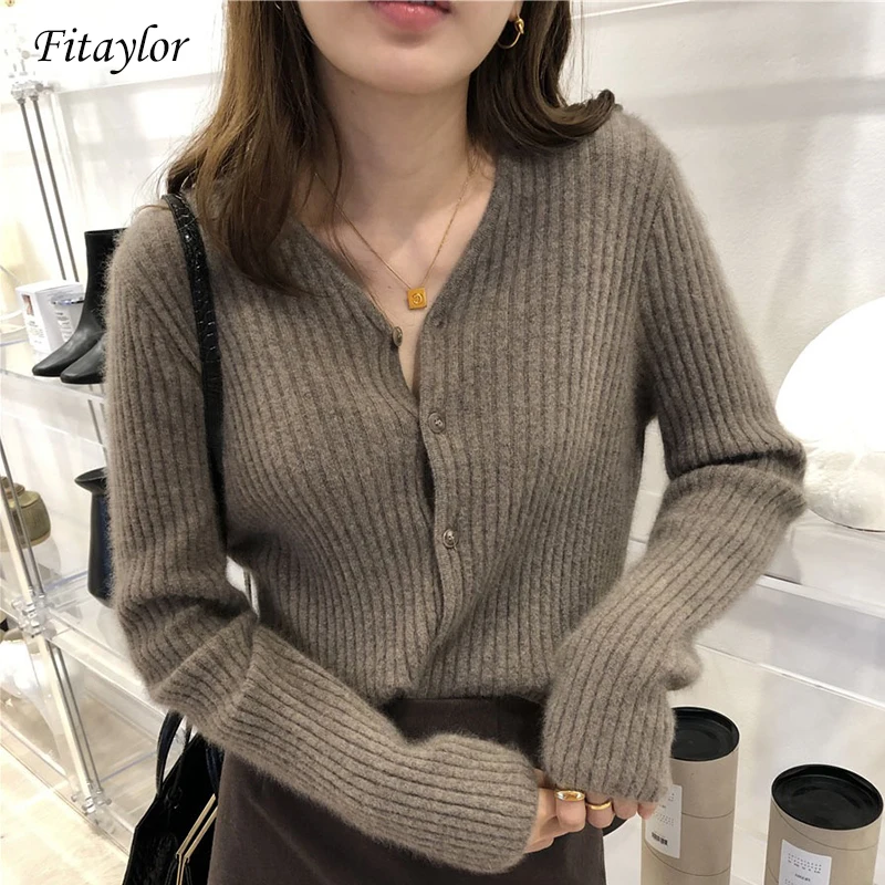 Fitaylor повседневные осенние женские вязаные кардиганы, женские однобортные облегающие трикотажные топы с длинным рукавом, мягкие Топы в Корейском стиле