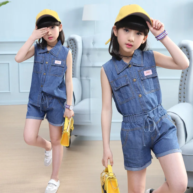 

2019 Summer New Style Childrenswear Girls Children Labeling Lettered Waist Hugging Two-Piece Denim Suit