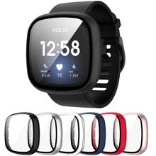 Ultra-Thin Glass Screen Protector Compatible With Fitbit Versa 3/Sense Soft Protective Case All-Around Full Cover Bumper Shell