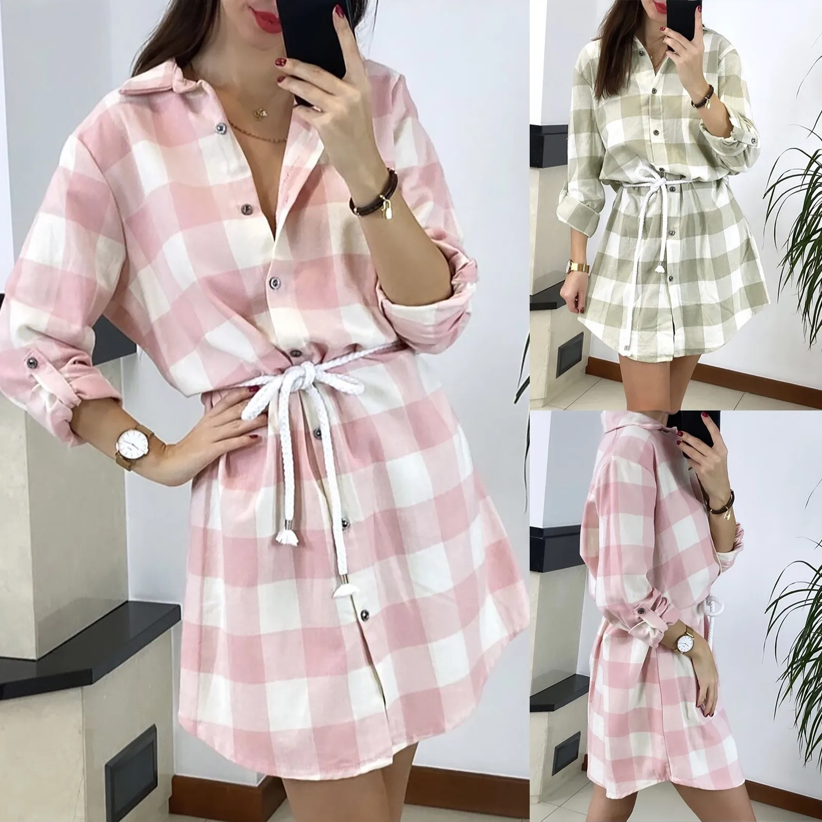 Fashion Dress Casual  Women Long Sleeve Tie Rope Button Plaid Print Shirt Dress Halter Strap Summer Vintage Vestido Женский 1