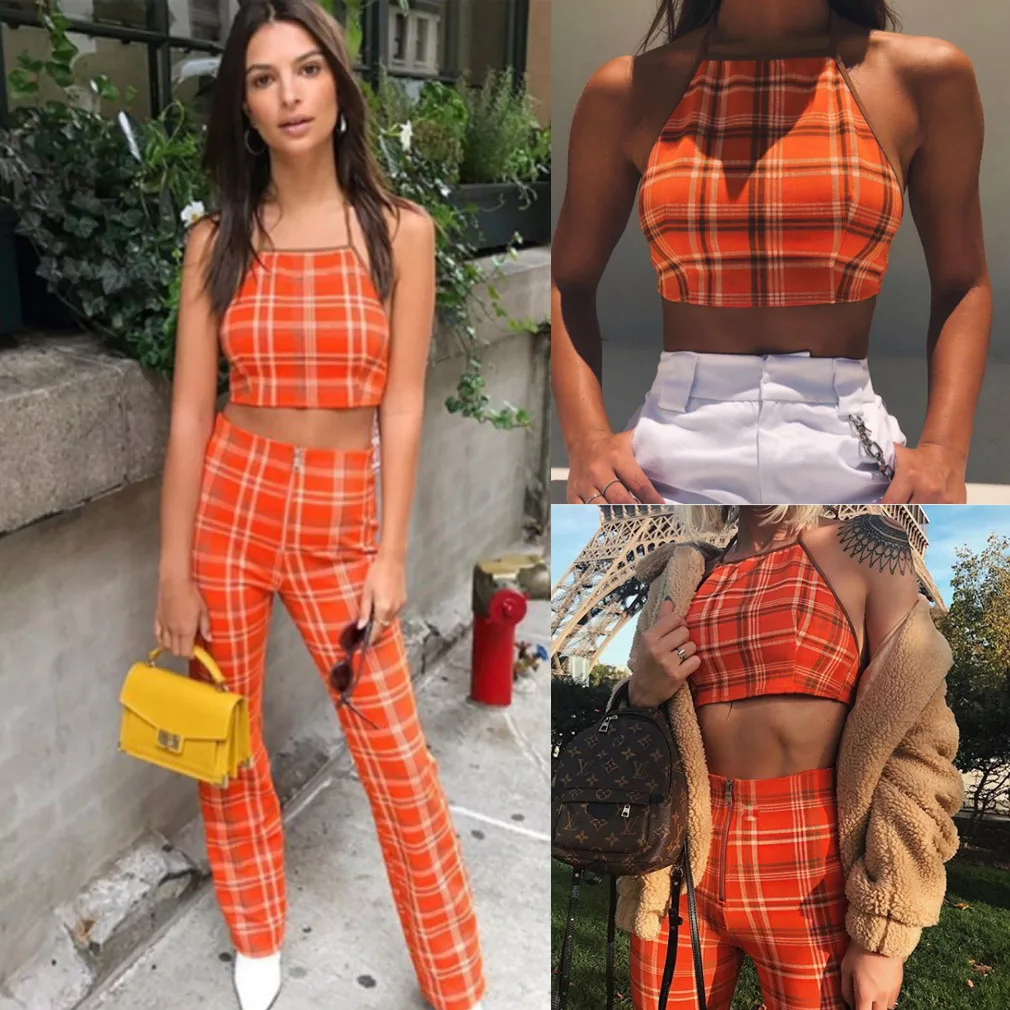 

Goocheer Plus Size Ladies Plaid Clothes Set Fashion 2019 Women Sleeveless Holiday Crop Tops+Long Pants 2Pcs Loose Outfit 2XL