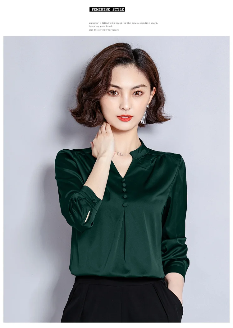 Шелковая блузка рубашка офисная одежда плюс размер M-4XL женские атласные блузки с v-образным вырезом элегантная женская одежда с длинным рукавом зеленая рубашка Топ