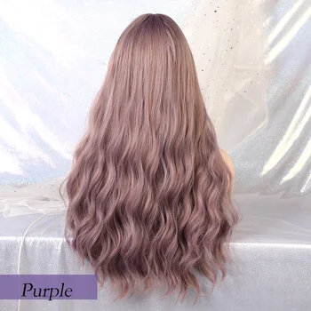 Blonde Unicorn Long Mix Purple Womens Wigs with Bangs Water Wave Heat Resistant Synthetic Wigs for Women African American 2