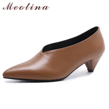 

Meotina High Heels Women Pumps Natural Genuine Leather Spike Heels Glove Shoes Real Leather Pointed Toe Shoes Ladies Size 34-39