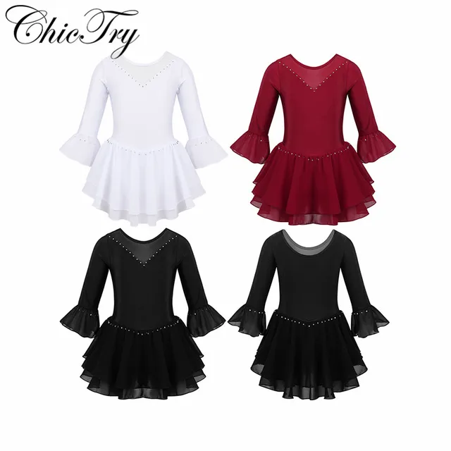 US $9.56 Kids Girls Shiny 34 Flare Sleeves Mesh Splice Rhinestone Figure Ice Skating Roller Skating Ballet 