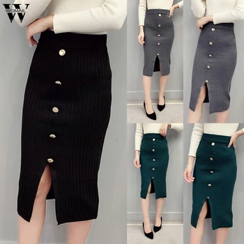 

Womail Women Skirt Elegant Midi Pencil Skirt fall Winter Knit Skirt Button Elastic Straight Bodycon Vintage Split Stretchy Skirt