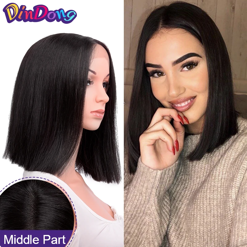 

DinDong Synthetic Lace Front Wig 14'' Short Bob Wigs Yaki Straight Middle Part Wig For Women Heat Resistant High Temperature Fib