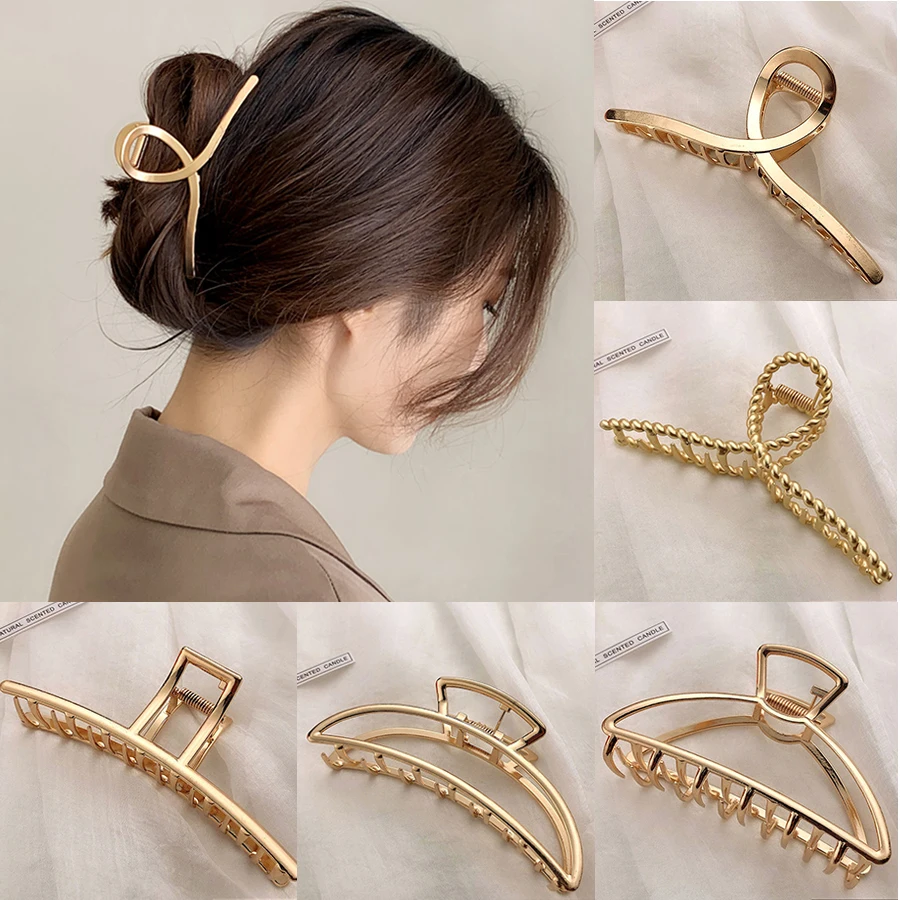 Simple Elegant Metal Big Crab Hair Clips For Women Girls Korean Hollow Geometric Cross Hair Claw