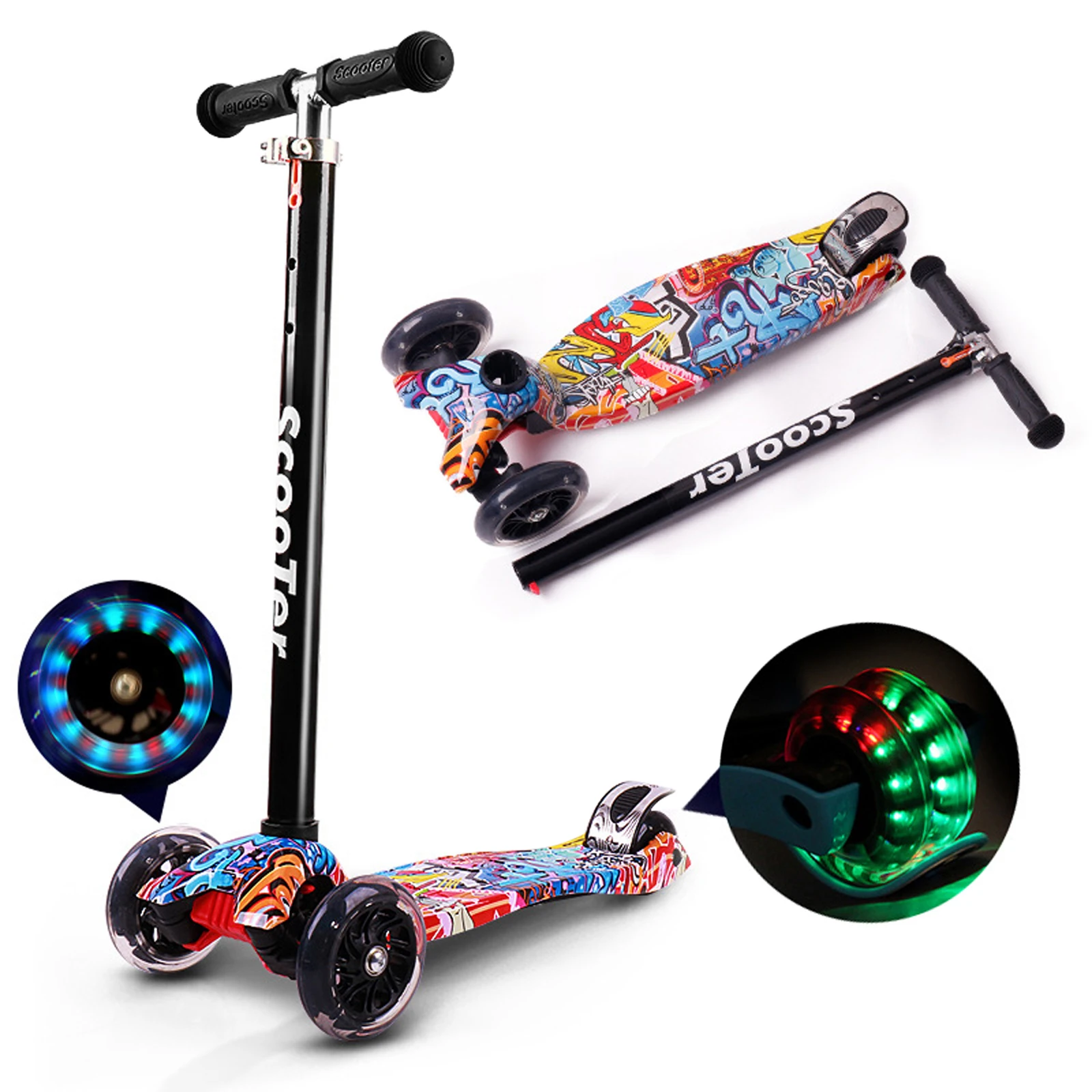 Kids Scooter for Boys & Girls Kick Light Up 3 Wheel Adjustable Folding Bar Brake