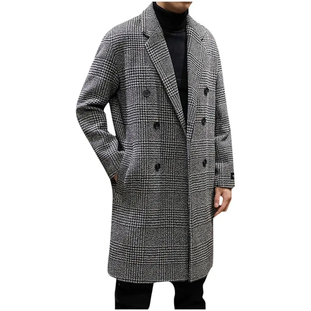 Повседневное двубортное мужское шерстяное пальто, зима, куртка в ломаную клетку, Мужская Длинная шерстяная штормовка с отложным воротником - Цвет: Белый
