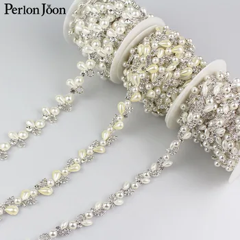 

1yard Three styles pearl crystal chain rhinestones trim Ribbon metal chain for dress, bag, shoes accessories ML008-1.2.3