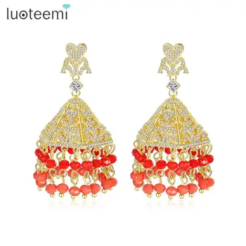 

LUOTEEMI Indian Style Red Tassel Heart Big Dangle Earrings Top Clear CZ Gold Color Luxury Drop Earrings Women Fashion Jewelry