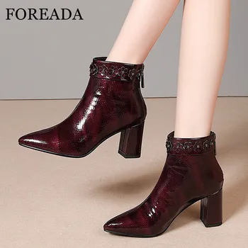 

FOREADA Pointed Toe Ankle Boots Real Leather High Heel Woman Boots Flower Thick Heel Short Boots Zip Female Shoes Wine Red 34-40