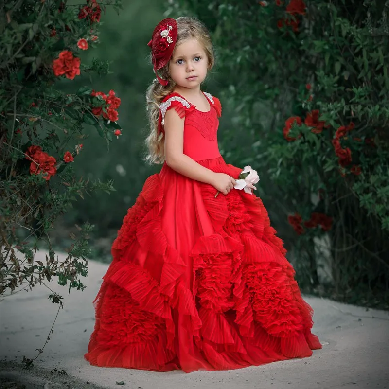 Picture color Новое Пышное модное платье с цветочным узором для девочек на свадьбу, красное фатиновое бальное платье для девочек, вечерние платья для причастия, пышное платье, одежда с рукавами - Цвет: Picture color