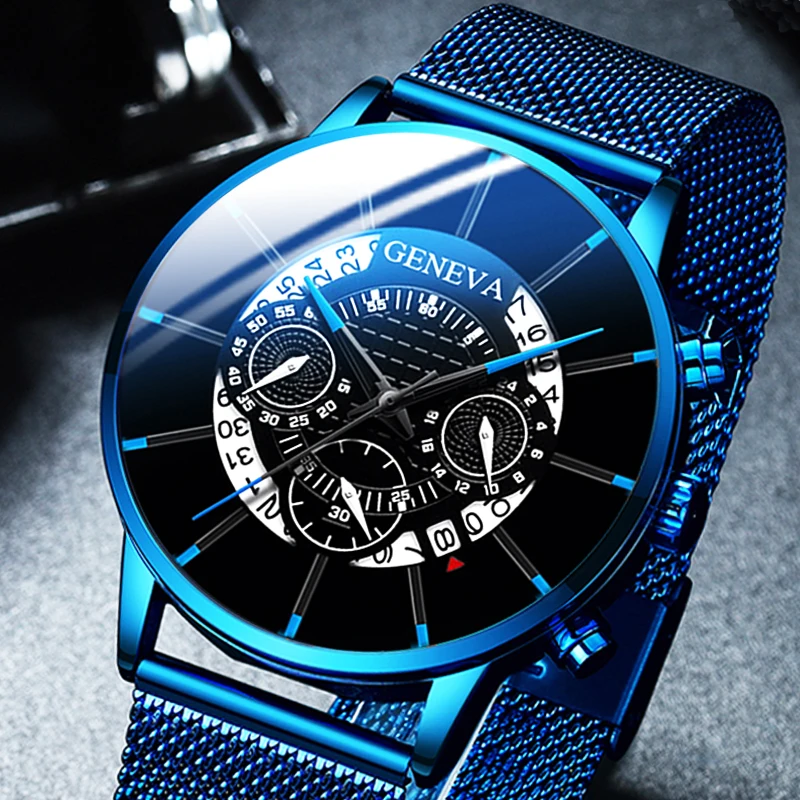 

2020 Fashion Mens Business Casual Date Calendar Watches Luxury Blue Stainless Steel Mesh Belt Quartz Watch for Man Clock