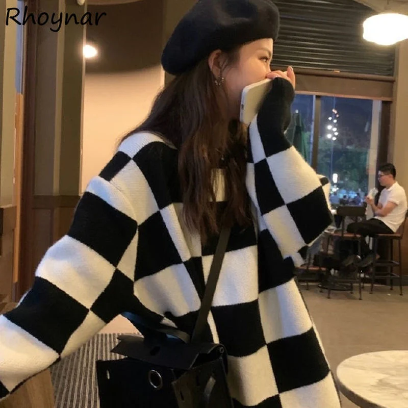 

Pullovers Women Plaid Design Simple Temperament Knitting Lazy Loose Long Sleeve Vintage Fashion Chic Leisure Mujer Autumn New