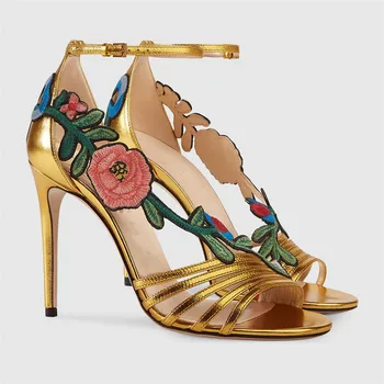 

US4-11 Womes Genuine Leather Stlilettos Embroidery Floral High Heel Ankle Buckle Peep Toe Sandals Pumps Shoes Plus Size B306